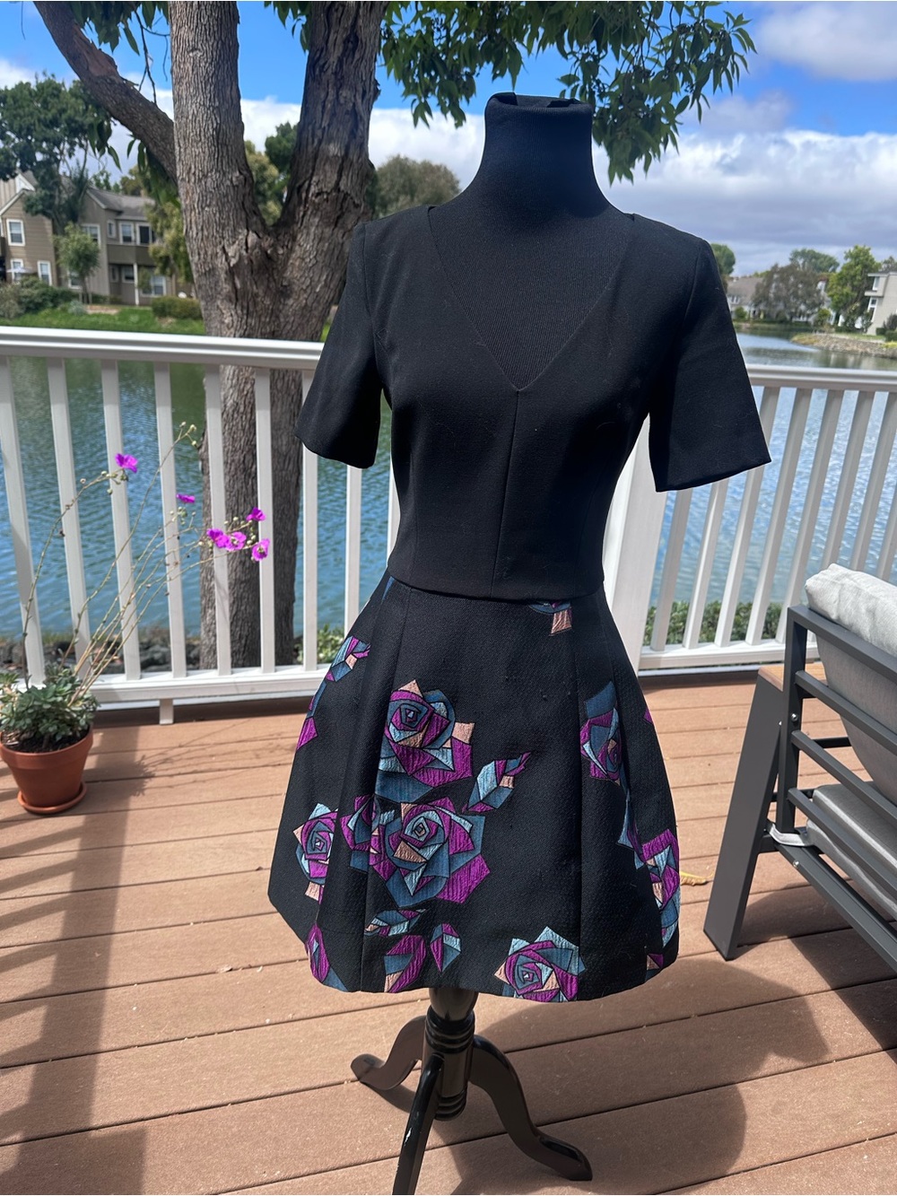 Pinko Black Skater Skirt Dress with Purple & Teal Rose Accents
